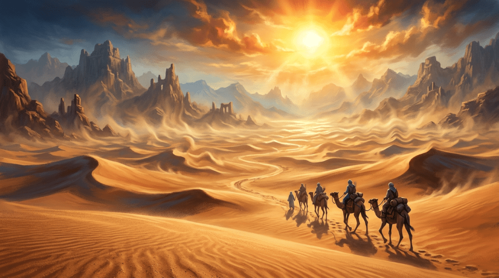Caravan of five travelers riding camels through sunlit desert dunes with rocky mountains